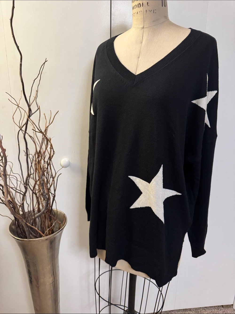 Laurie Felt Black V-Neck Star Sweater with White Stars